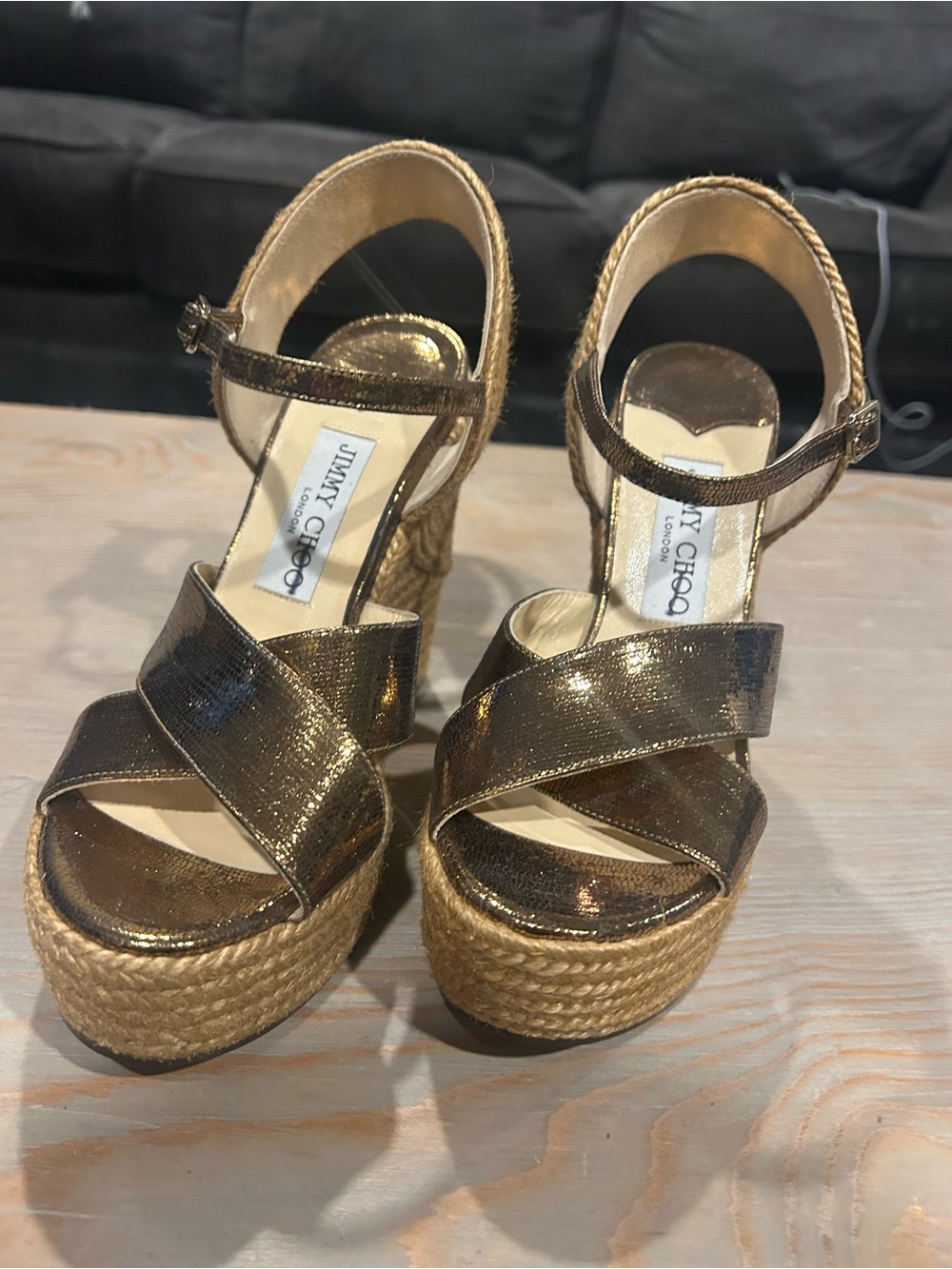 Jimmy Choo Gold Metallic Espadrille Platform Sandals